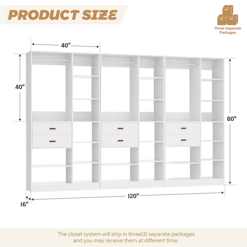 40'' Large Closet System with 10 Shelves and 2 Drawers, Freestanding Closet Organizer with Hanging Rods
