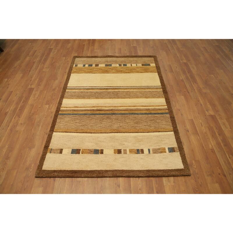 Hand Knotted Oriental 100% Wool Carpet Modern Geometric Beige & Ivories Gabbeh Area Rug - 5' 11'' X 4' 0''