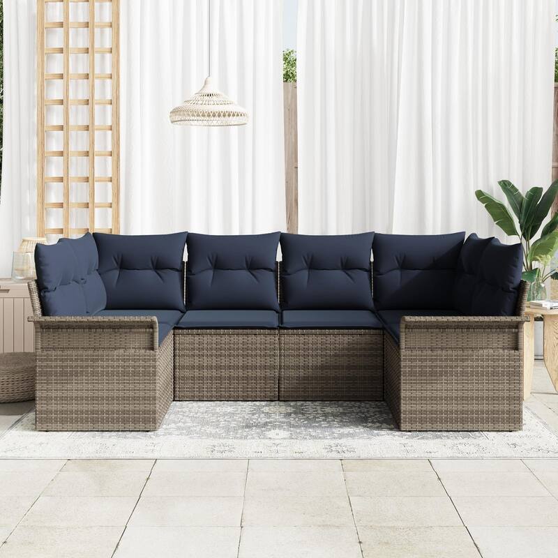 vidaXL 6 Garden Sofa Set with Cushions Black/Brown/Grey Poly Rattan - 92.1 x 52.2 x 27.2