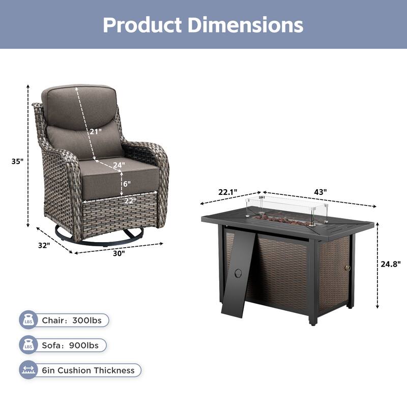 Arcadia 5-Piece Wicker Patio Set with 4 Swivel Glider Chairs and All-Iron Fire Pit