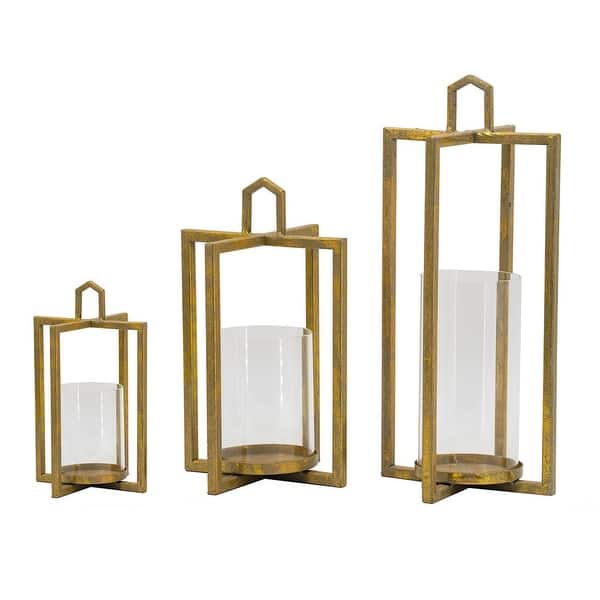slide 2 of 5, 19, 15, 11 Inch Lanterns, Set of 3, Tea Light Glass Holders, Modern, Gold Gold