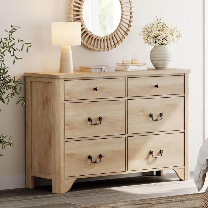 WAMPAT 6 Drawers Dresser for Bedroom, Farmhouse Dresser Wooden Dresser - Oak