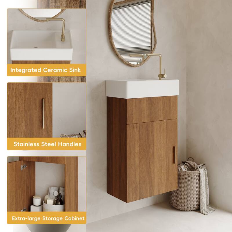 GDFStudio - Modern Compact 16.5" Floating Wall-Mounted Bathroom Vanity with Intergrated Ceramic Basin & Soft-Close Door