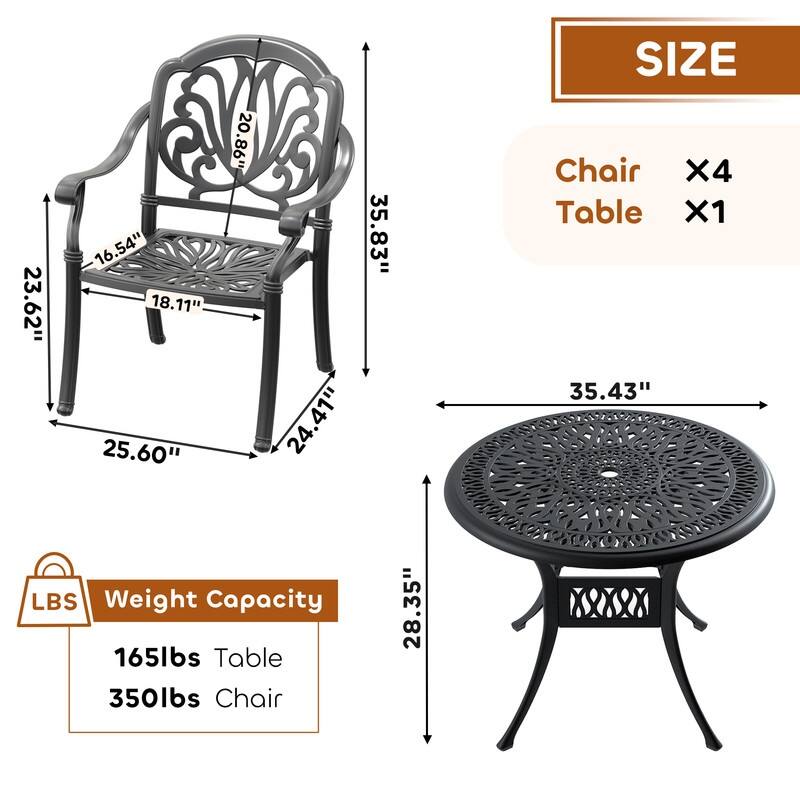 5-Pieces Aluminum Patio Set , 4 x Armchairs with Cushions with 1 With Umbrella Hole Table