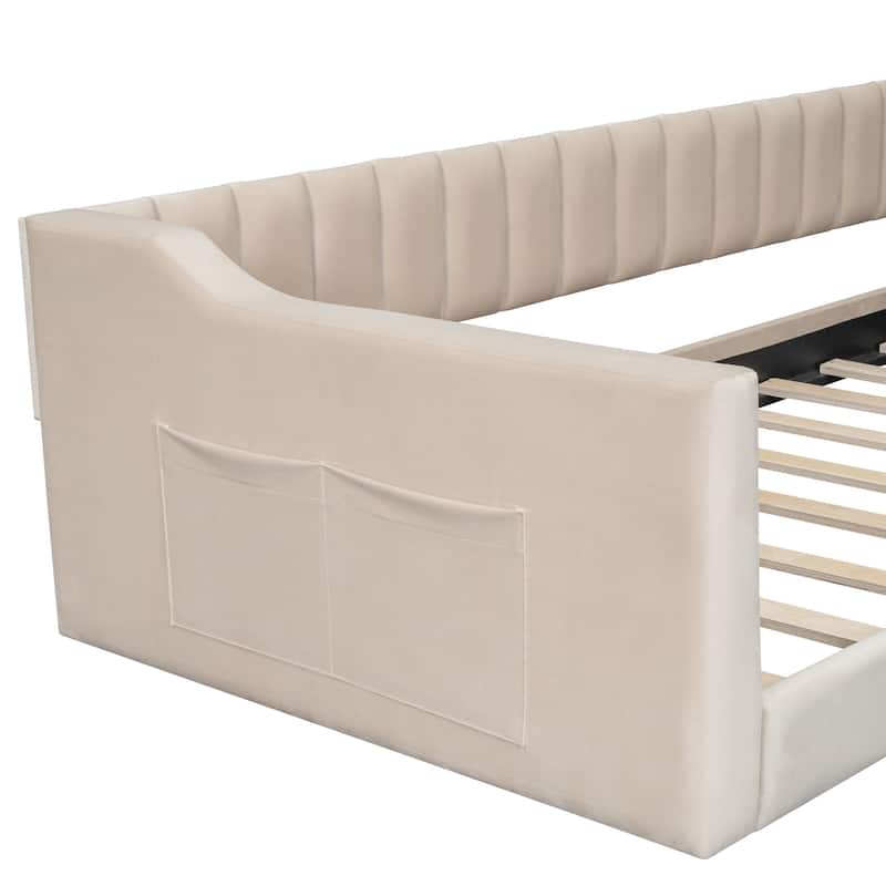 Twin XL Velvet Upholstered Daybed with Side Storage Pocket, Sloped Arms, and No-Box Spring Support