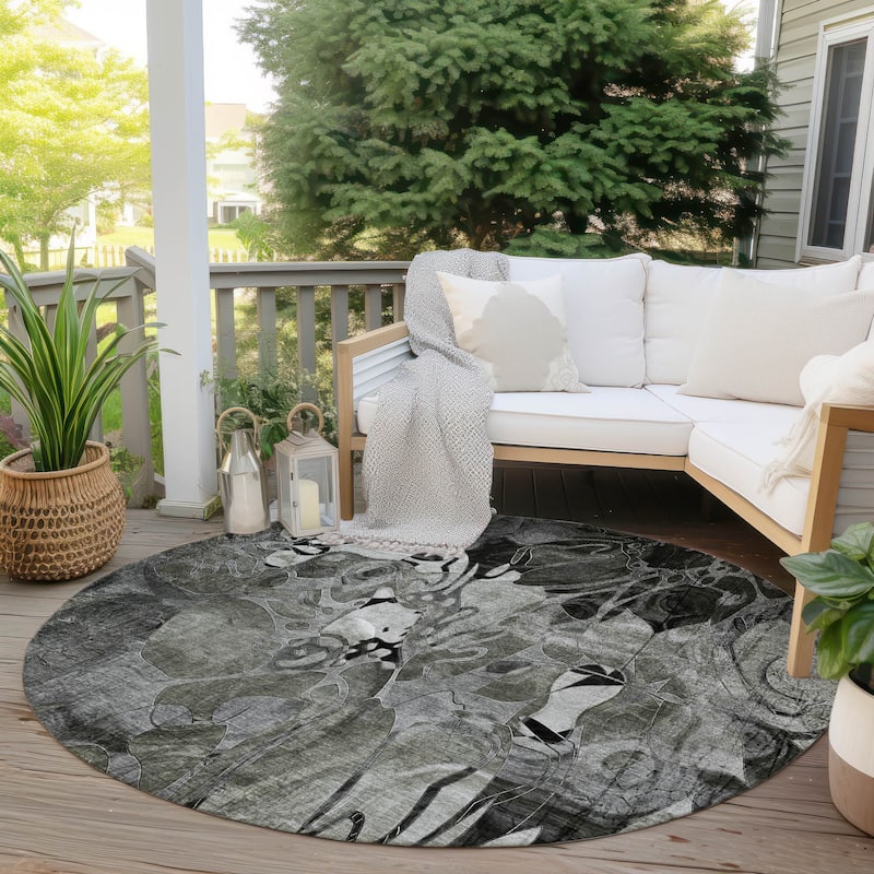 Machine Washable Indoor/ Outdoor Modern Floral Chantille Rug - 8' x 8' - Gray