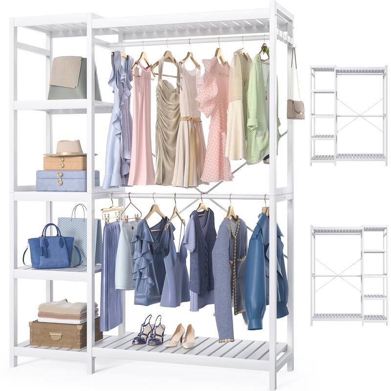 Bamboo Closet System Clothes Rack, Large Freestanding Garment Rack Clothing Rack for Hanging Clothes