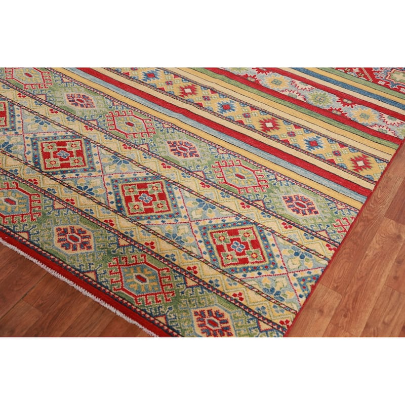 Hand Knotted Oriental 100% Wool Carpet Traditional Geometric Multi-Colored Kazak Area Rug - 12' 11'' X 9' 10''