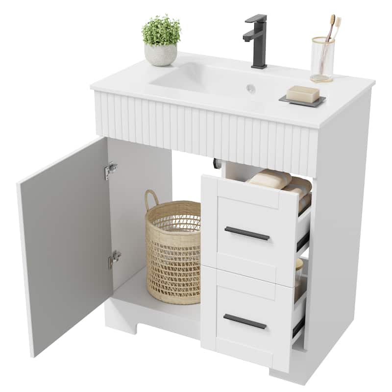 EROMMY Bathroom Vanity with Sink and Faucet, Freestanding Vanity Cabinet with Drawers & Doors, White Ceramic Top