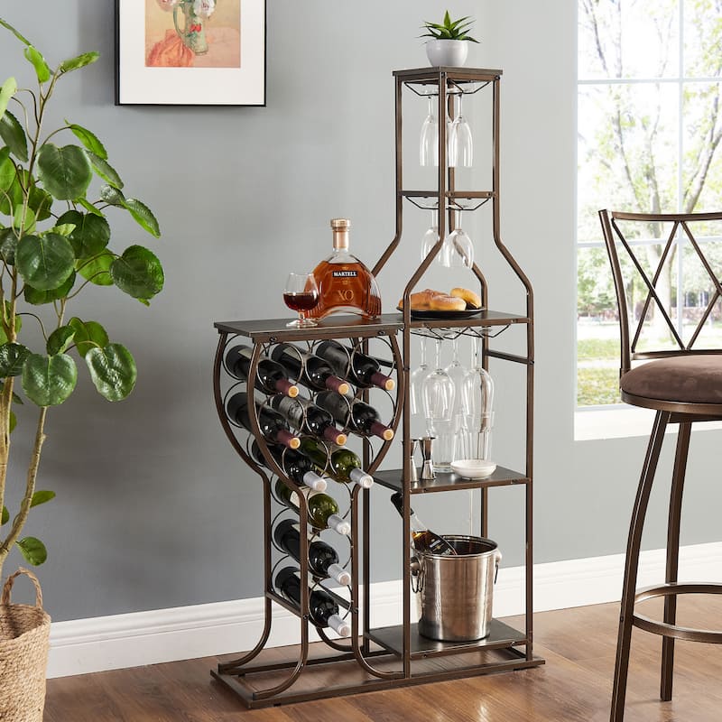 11-Bottle Rustic Brown Wine Rack 5 Tier Freestanding Wine Bakers Rack with Hanging Wine Glass Holder and Storage Shelves - Gray