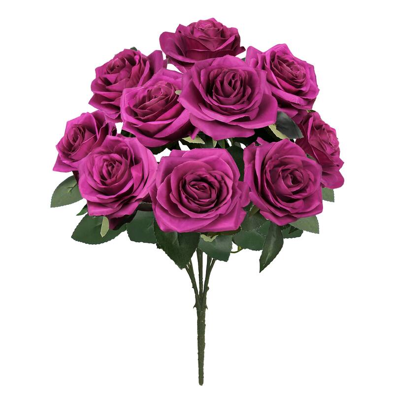 Set of 2 Artificial Queen Rose Flower Stem Bush Bouquet 18in - 18" L x 11.5" W x 11.5" DP - Fuchsia Plum