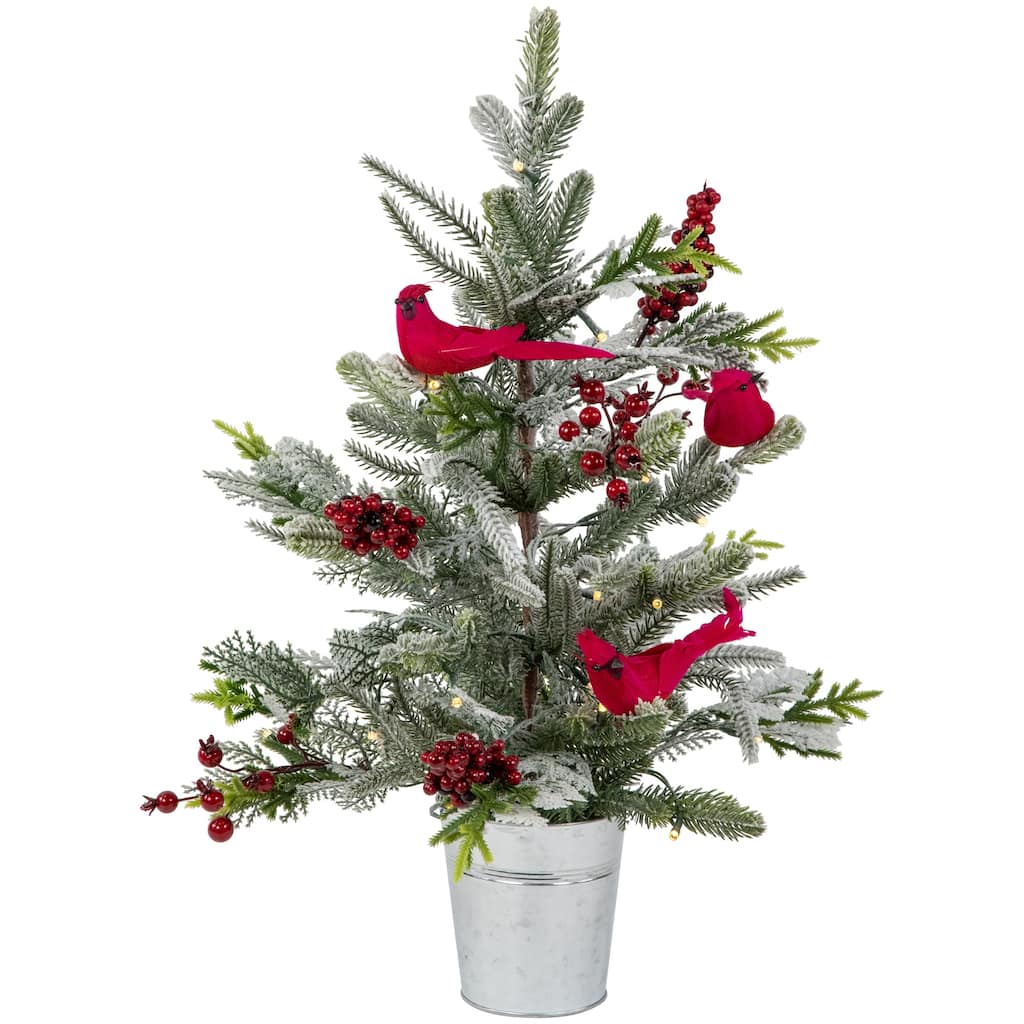 LED Frosted Mixed Pine Cardinals Potted Christmas Tree 2' White Lights - 2 Foot