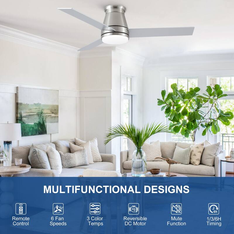 YUHAO AeroLite 48 in. Indoor White Low Profile Standard Ceiling Fan with Bright White Integrated LED Light Kit, Remote Included