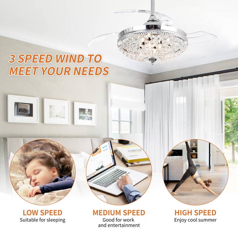 42 inches Retractable Fandelier Ceiling Fan WIth Remote Control - 42-inch
