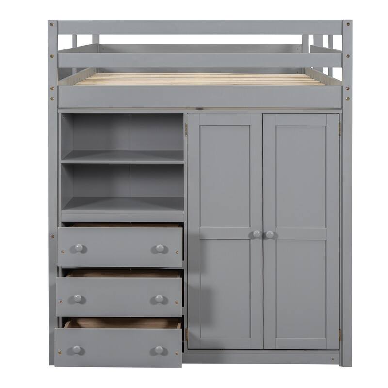 Wood Full Size Loft Bed with Built-in Wardrobe, Desk, Storage Shelves and Drawers