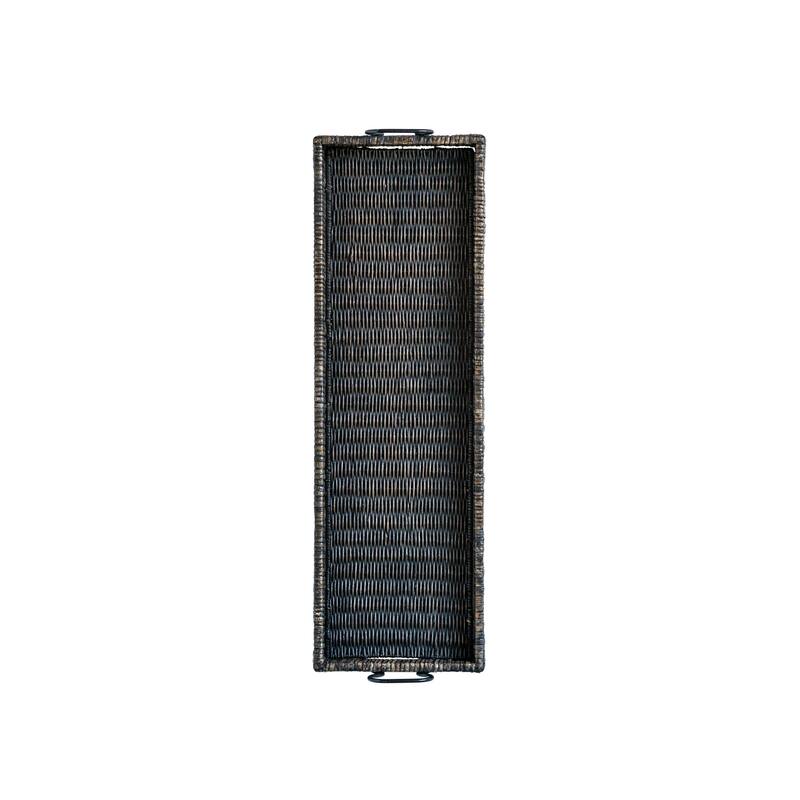 Black Rattan & Wood Tray with Handles - Black