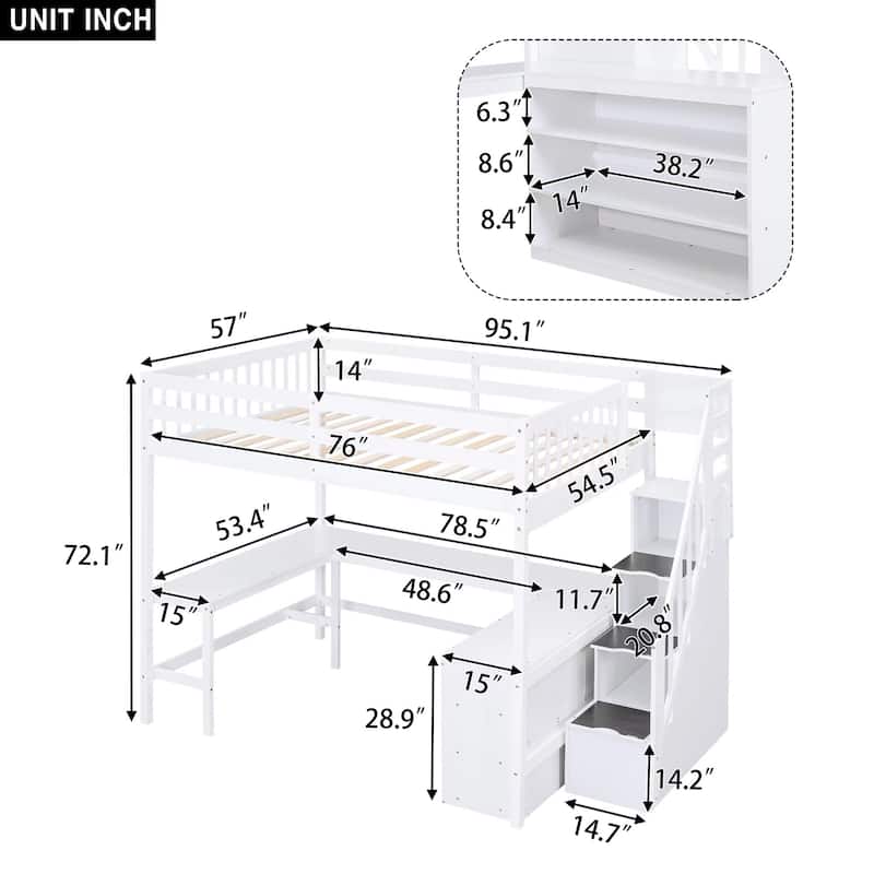 Full Pine Wood Loft Bed with L-Shaped Desk