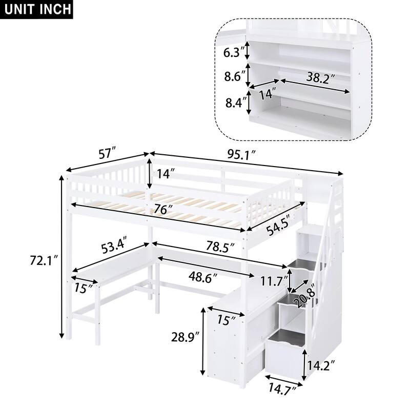 Multifunctional Full Loft Bed with Desk, Shelving, and Storage Stairs, Space-Saving Design