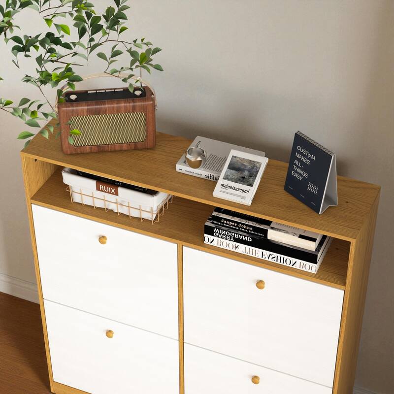 39.4" Shoe Storage Cabinet with 4 Flip Drawers, Large Freestanding Entryway Shoe Organizer with Wooden Handles and Anti-Tip Kit