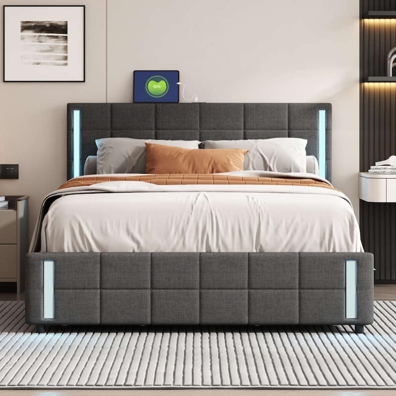 Queen Size Upholstered Platform Bed with LED Lights and USB Charging