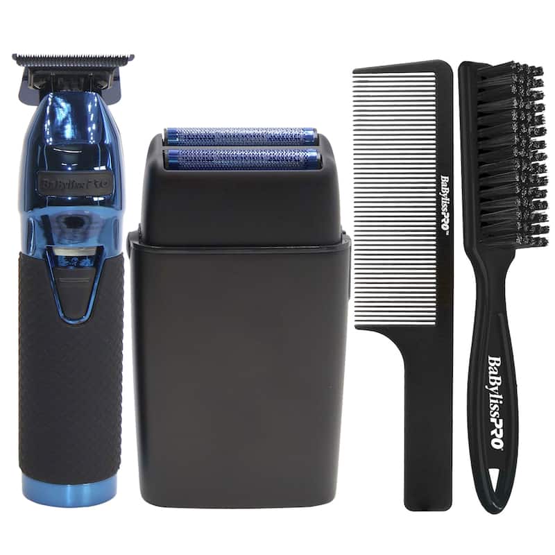 BaByliss Pro LIMITEDFX Collection Limited Edition Trimmer and Double Foil Shaver Blue FXDUOFS2TBL + Brush + 9" Clipper Comb - Blue