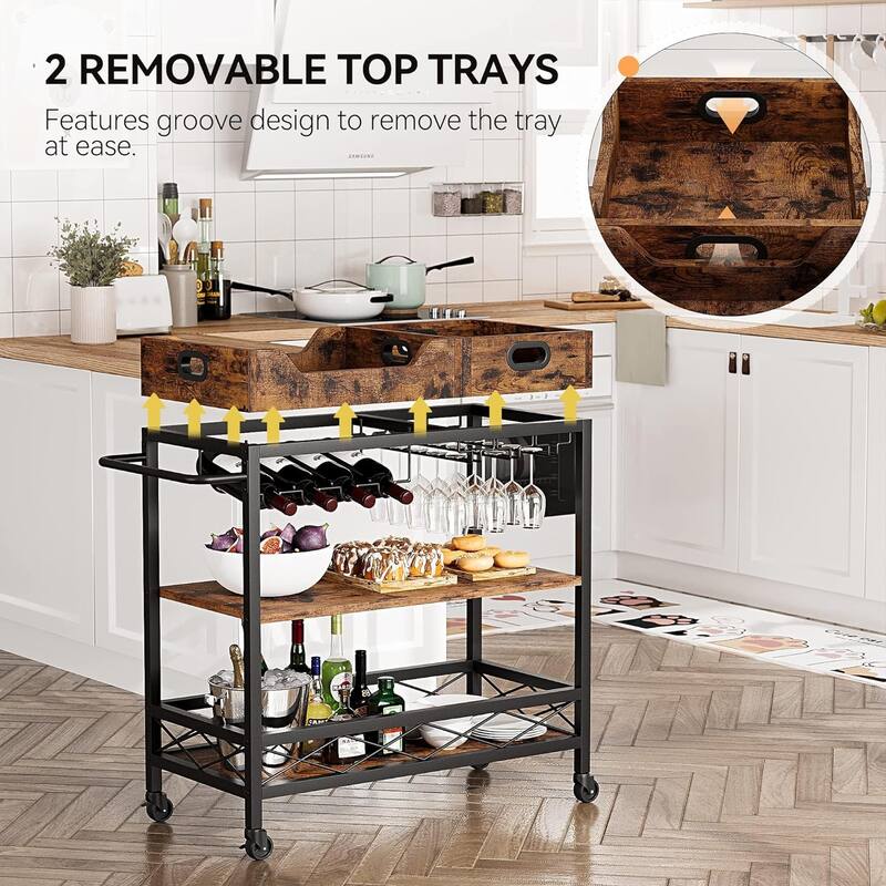 3 Tier Home Bar Serving Cart with Wine Rack and Glass Holders