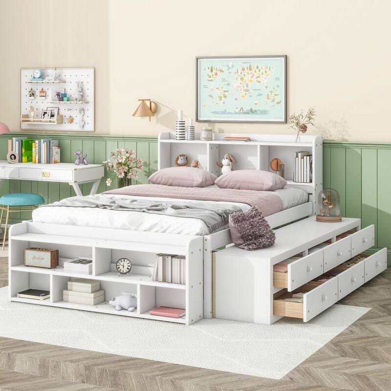 Storage Platform Bed with Bookcase Headboard,Drawers and Bed End Storage Case,Full Size - White