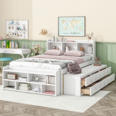 Storage Platform Bed with Bookcase Headboard,Drawers and Bed End Storage Case,Full Size