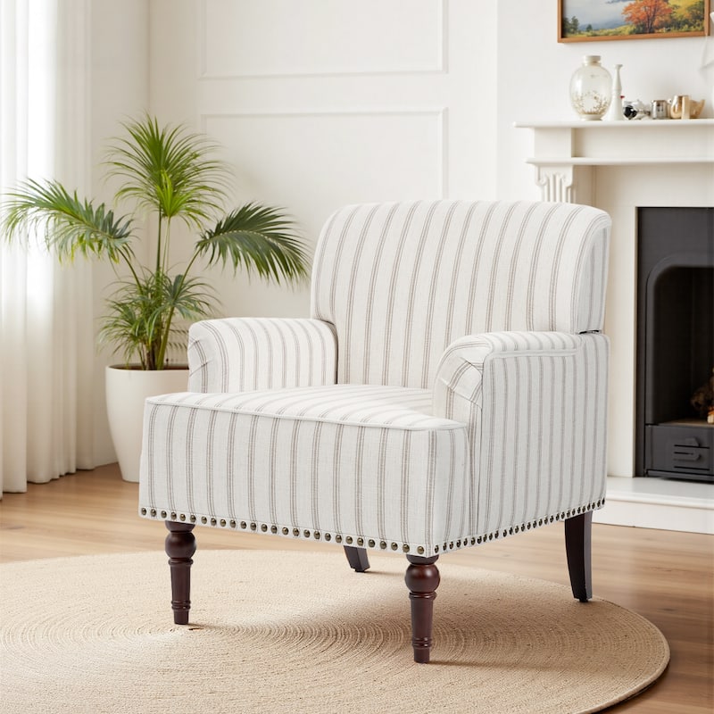 Linen Accent Chairs Nailhead Trim Armchairs with Wooden Legs - Pinstripe Light Brown