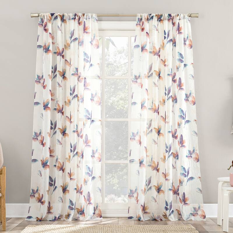 No.918 Ellie Floral Print Sheer Rod Pocket Curtain Panel, Single Panel - 51" x 63" - Multicolored