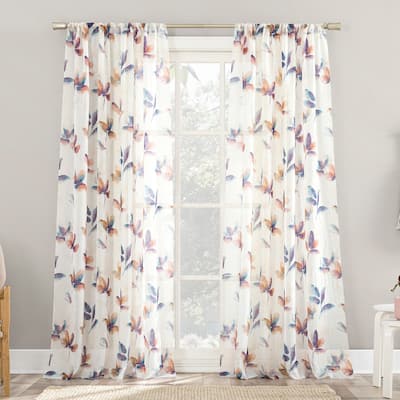 No.918 Ellie Floral Print Sheer Rod Pocket Curtain Panel, Single Panel