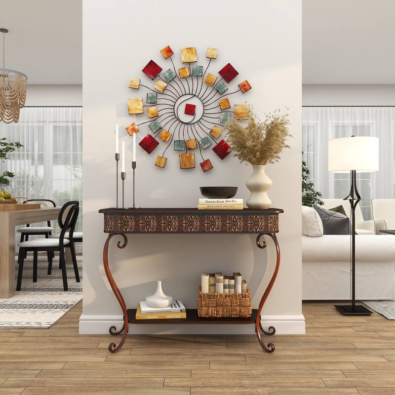 Multi Colored Metal Wire Sunburst Home Wall Decor with Square Shaped Accents