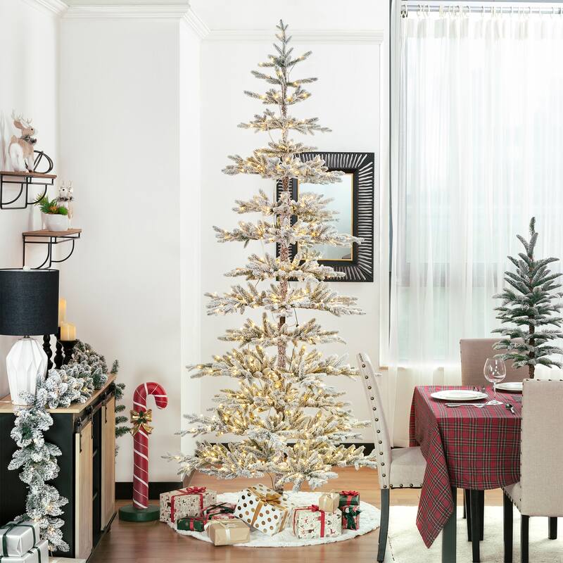 Glitzhome 6ft/7ft/9ft Deluxe Pre-Lit Flocked Slim Fir Artificial Christmas Tree with Warm White Lights