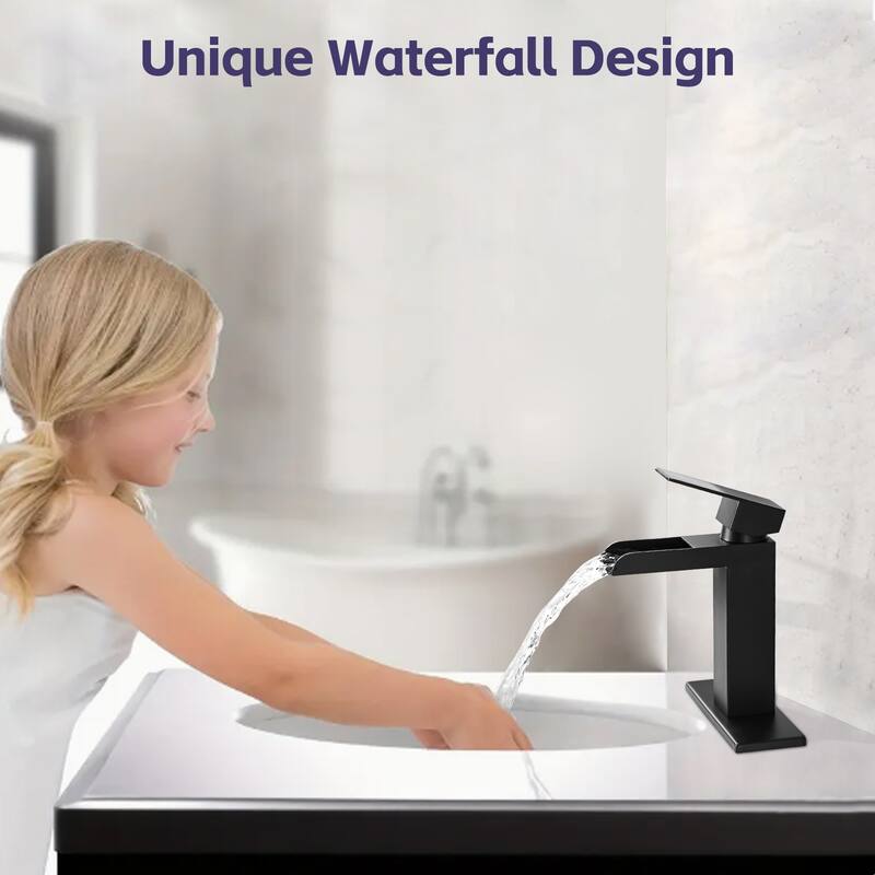 Modern Waterfall Single Handle Bathroom Sink Faucet with Overflow Pop Up Drain, Anti Corrosion and Rust Resistant