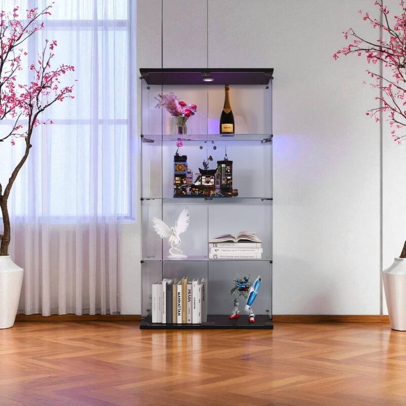Lighted Two-Door Glass Display Cabinet with 4 Shelves, Tempered Glass and Security Lock
