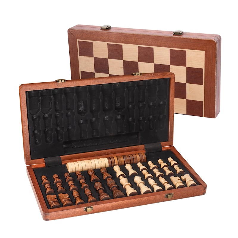 15" Large Wooden Folding 2-in-1 Chess and Checkers Board Game Set with Storage Box