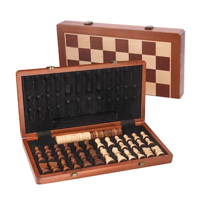 15" Large Wooden Folding 2-in-1 Chess and Checkers Board Game Set with Storage Box