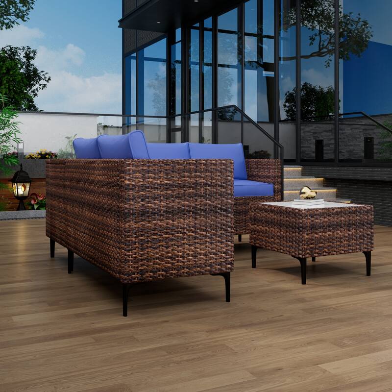 4-Piece Rattan Patio Set – Modular Sectional with Storage Box & Glass Table, Weather-Resistant for Outdoor Lounge,