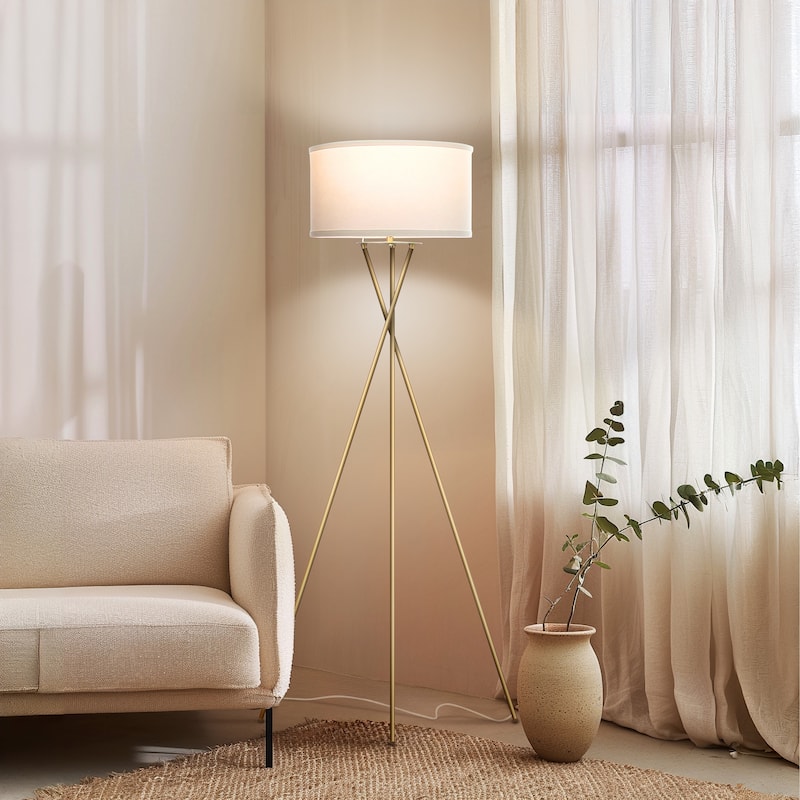 Brightech Jaxon 60 in. Antique Brass Mid-Century Modern LED Super Bright Floor Lamp with White Fabric Drum Shade