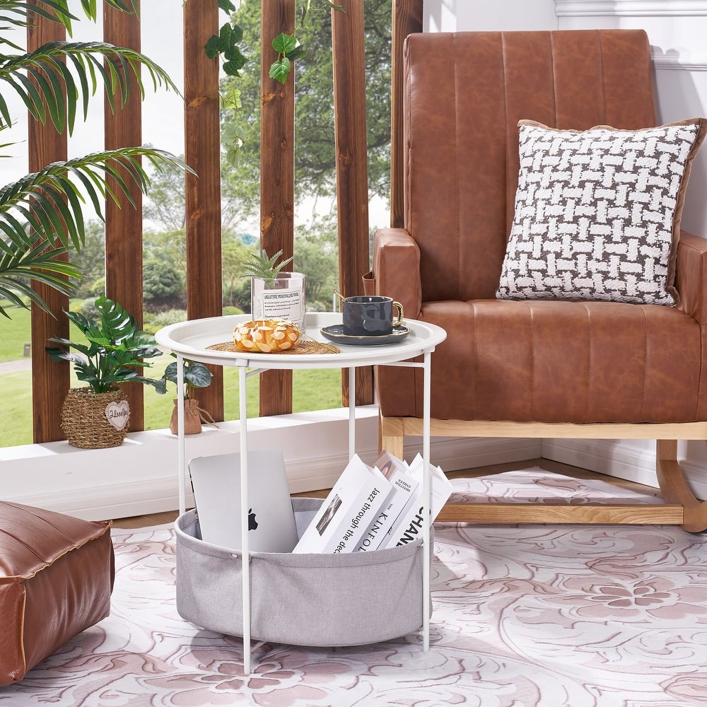 VECELO Small Round Side Table with Removable Tray & Fabric Storage Bin Easy 5-Min Assembly for Living Room Bedroom