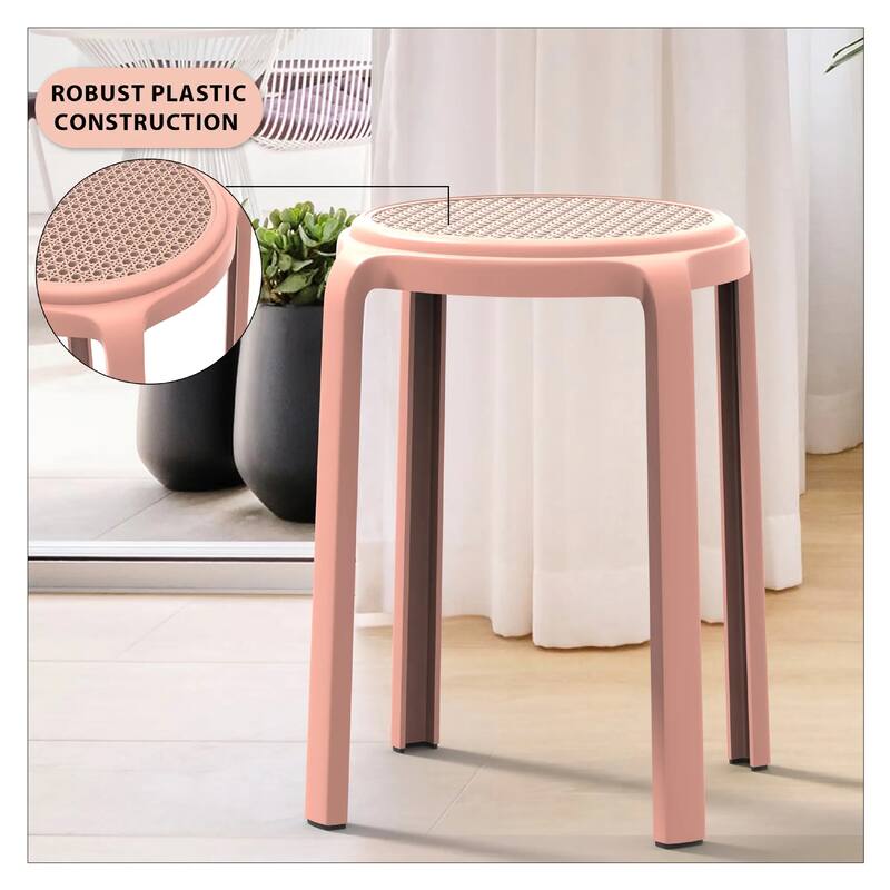 Tresse All-Weather Round Stackable Dining Stool with Wicker-Style Seat for Indoor, Outdoor, Patio, and Kitchen Set of 2