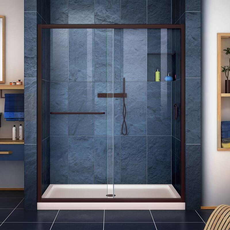 DreamLine Infinity-Z 30 in. D x 60 in. W x 74 3/4 in. H Sliding Shower Door and Shower Base Kit - Center Drain Base - Bronze, Biscuit Base, Center Drain