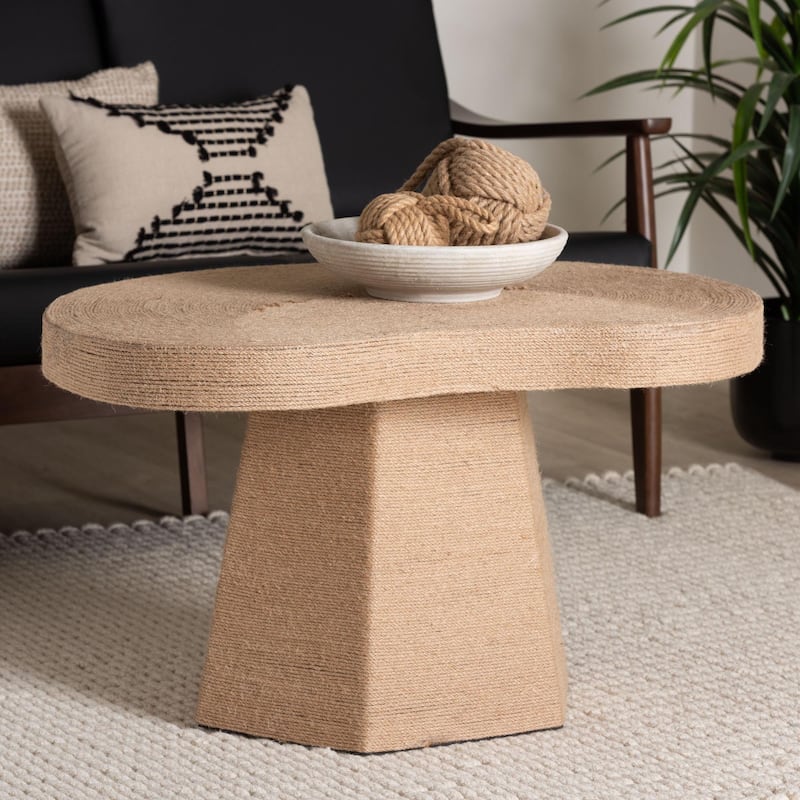 Lenka Natural Jute Coffee Table - Textured Handwoven Cocktail Table with Sculptural Base and Irregular Top for Living Room