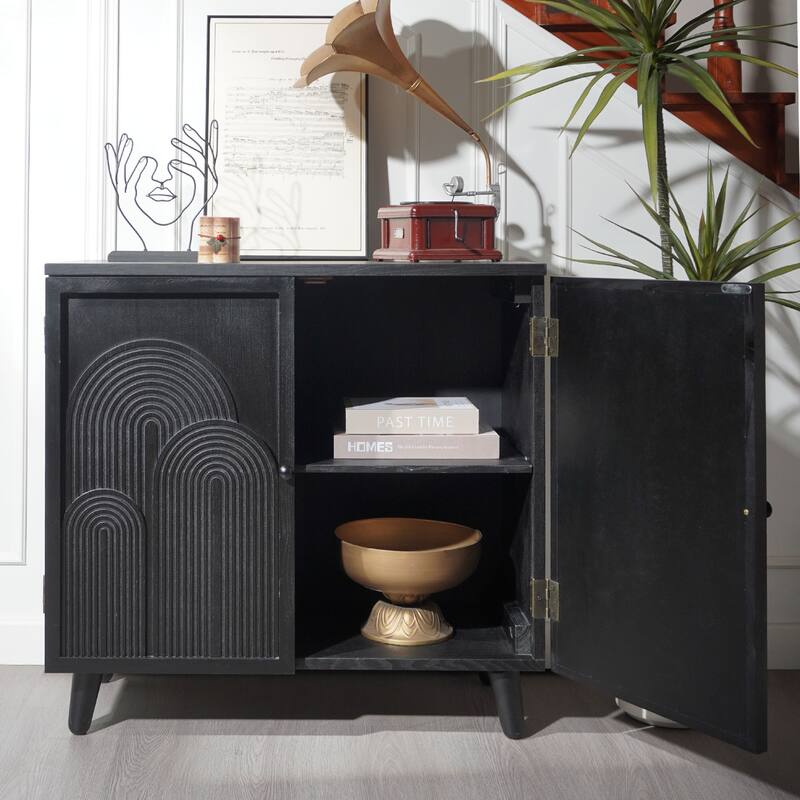 2-Door Sideboard Buffet Cabinet, Accent Cabinet with Geometric Embossed Design, Storage Cabinet with Shelves