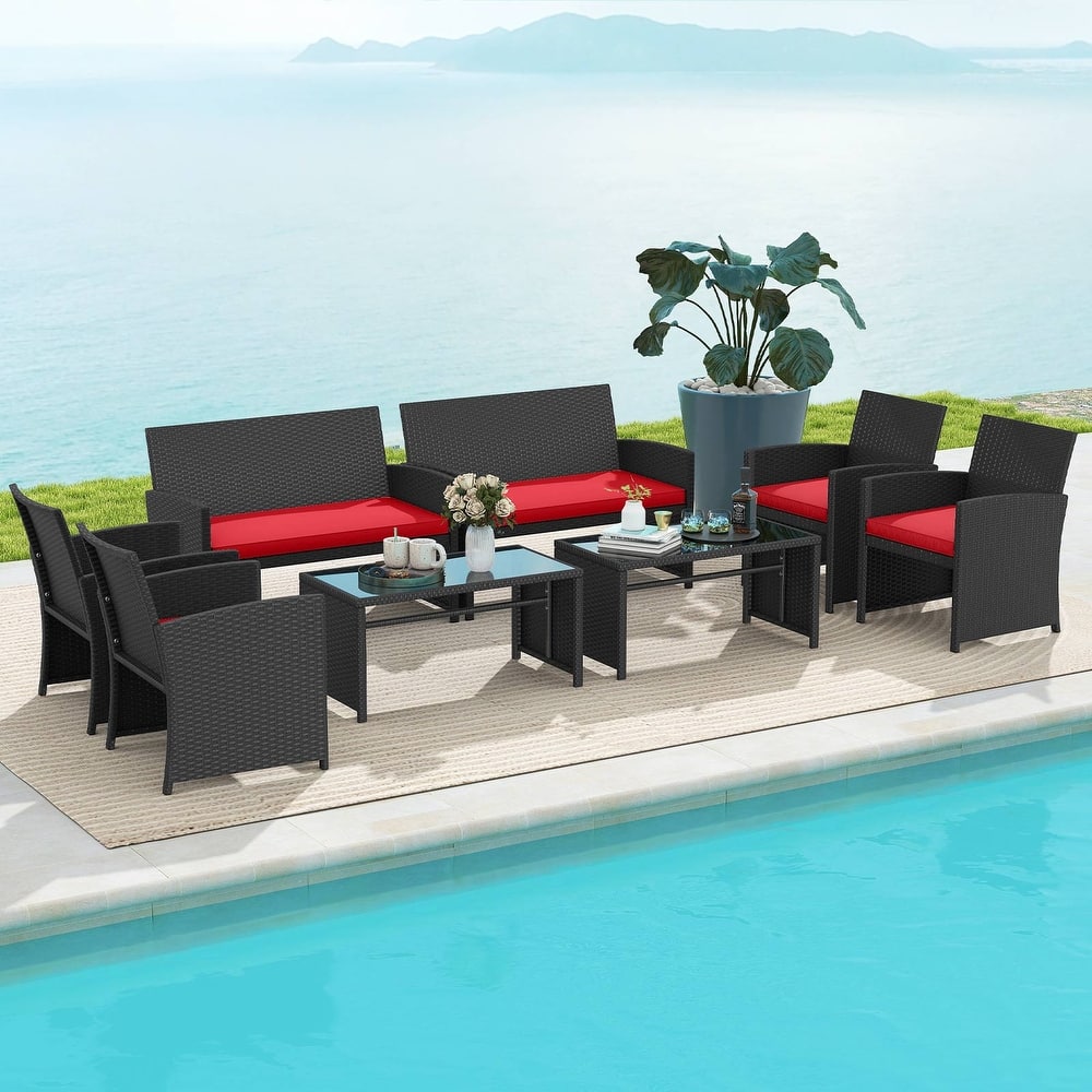Gymax Set of 8 Patio Conversation Set w/Seat Cushions & Tempered Glass