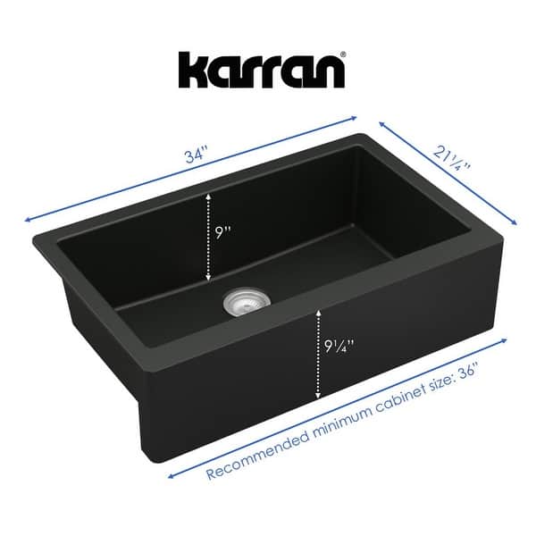 dimension image slide 1 of 2, Karran All-in-One Farmhouse/Apron-Front Quartz 34 in. Single Bowl Kitchen Sink in Black with Faucet KKF210 in Stainless Steel