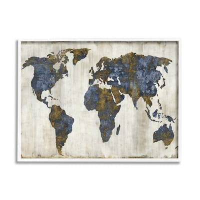Stupell Gold Blue World Map Design Framed Wall Art