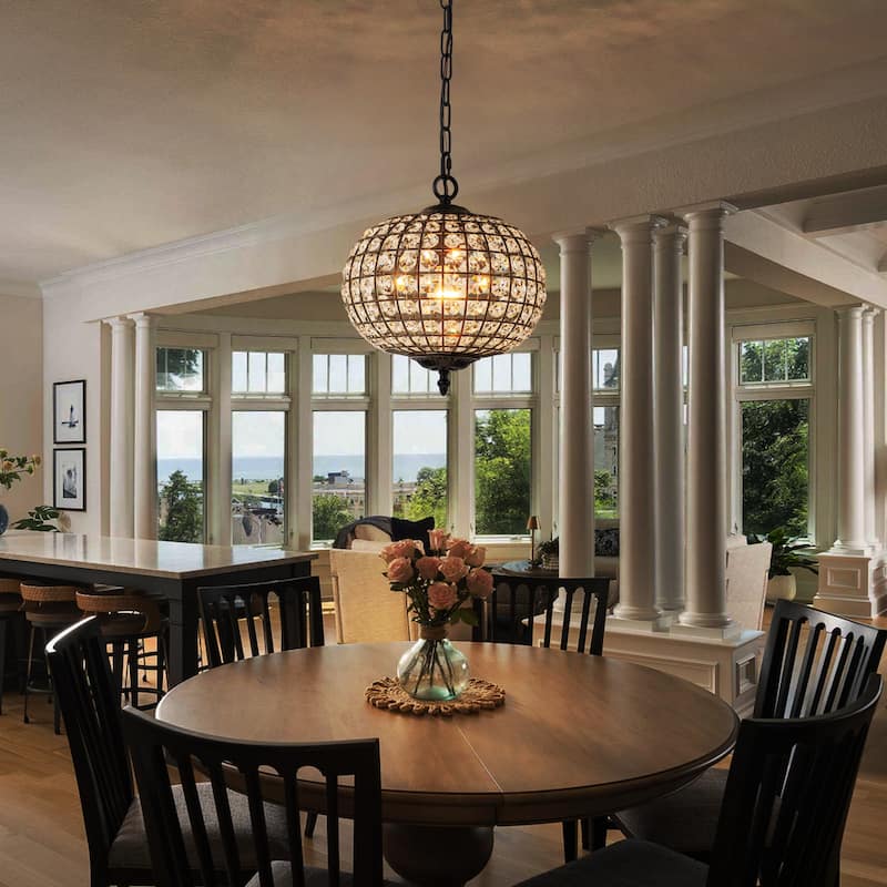 Retro French 4/5-Light Antique Brass Globe Crystal Chandelier for Living/Dining Room