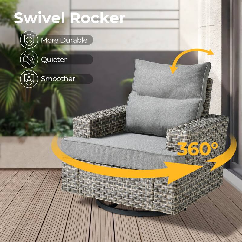 HOOOWOOO 9-piece Wicker Patio Furniture Swivel Rocking Chair Set with Fire Pit