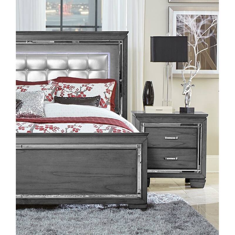 Glamorous Gray Nightstand, 2 Drawers, LED Lighting, Faux Crystals, Bar Pulls